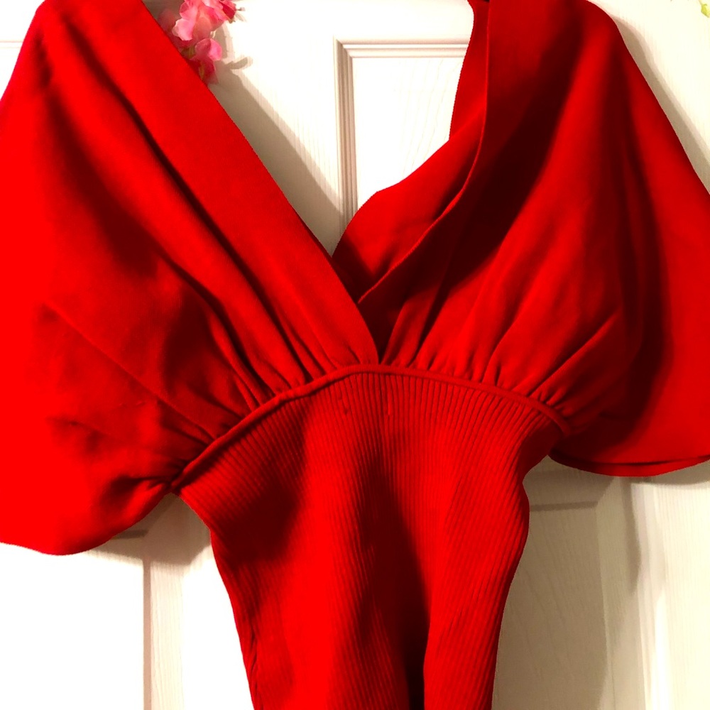 Ruby Red Deep V Neck Short Sleeve. Form Fitted Mi… - image 1